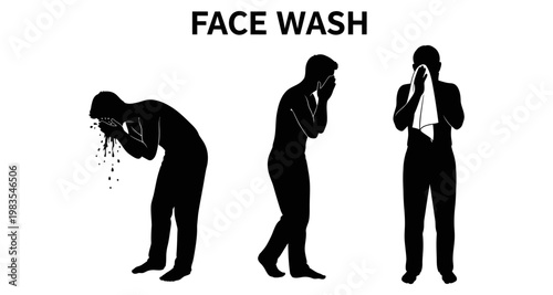 Man washing face with water and towel during morning routine on white background