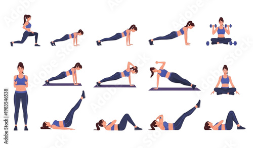 Women workout vector set with fitness and yoga exercises including squats lunges pushups and core training poses in modern flat style isolated on white background
