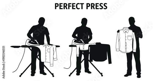 Man ironing shirt demonstrating perfect press technique with ironing board and steam iron
