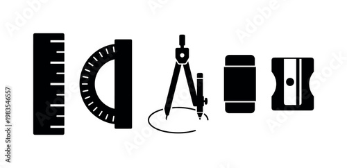 ruler straight edge, protractor half circle, compass drawing circle, eraser rectangular block, pencil sharpener manual bold black