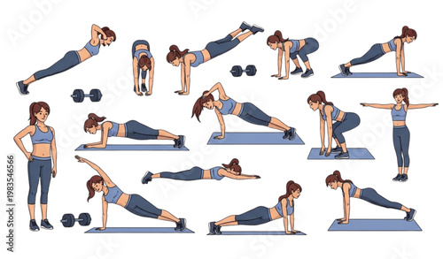 Active women fitness cartoon collection with workout and yoga poses including burpees squats planks and dumbbell exercises in energetic style on white background