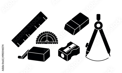 ruler straight edge tool, protractor half circle, eraser block shape, pencil sharpener manual, compass drawing circle tool bold