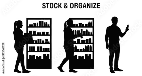 People stocking and organizing shelves with products in a retail environment