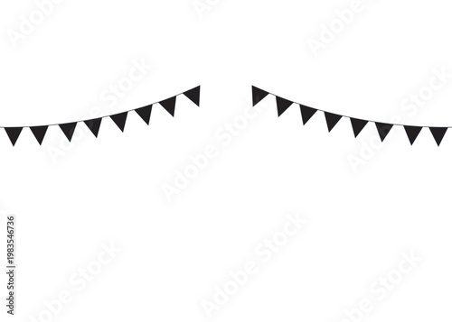Black triangle bunting flags on white background with a string of black triangular bunting flags strung across a white