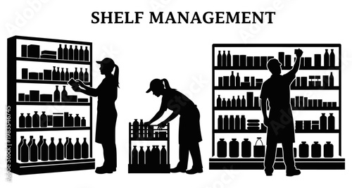 Retail workers organizing shelves during inventory management in a store aisle