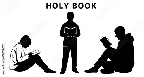 People reading holy book silhouettes during quiet contemplation and study