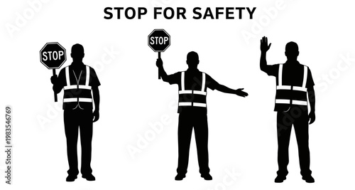 Silhouette construction workers holding stop signs and signaling safety on white background