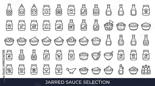 Collection of various sauce and condiment icons in a grid layout