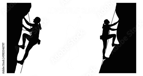 Silhouette female climbers scaling rock faces during outdoor adventure activity