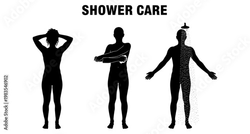 Silhouettes demonstrating shower care routine and hygiene during bathing