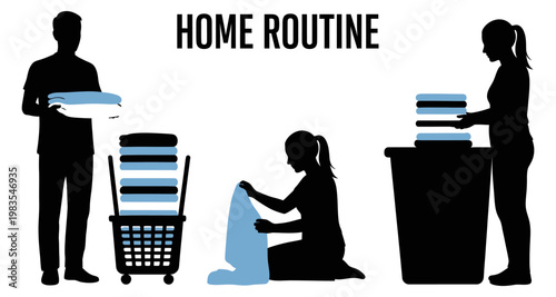 Silhouettes of a family folding laundry during a home routine with a laundry cart and basket