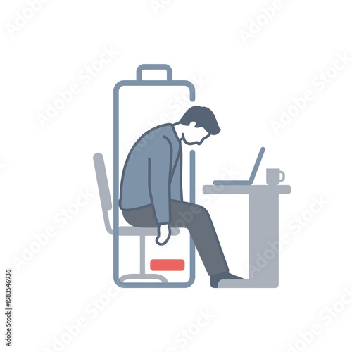 Tired businessman sitting at office desk with low battery indicator icon.