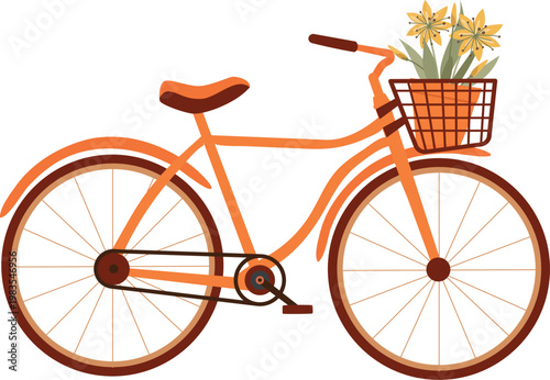 A flat vector illustration of a vintage city bicycle with a front basket carrying a potted plant with blooming flowers, designed in a warm minimal style.