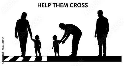Silhouettes of adults helping children cross a street safely