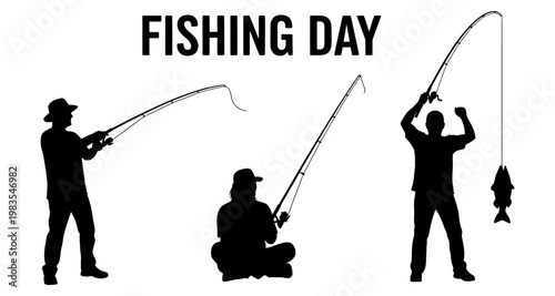 Silhouettes of anglers celebrating catching fish with rods during daytime