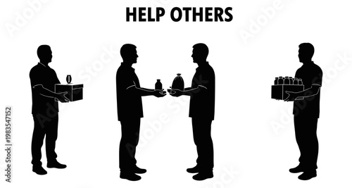 Silhouettes of men giving and receiving aid during a community support effort