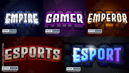 Various gaming title text designs for esports and gamers with 3D editable typography, creative illuminated metallic illustration template competition entertainment industry, broadcast collection