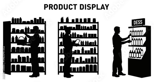 Silhouettes of people arranging and selecting products on retail shelves during shopping