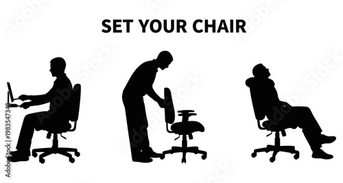 Silhouettes of people adjusting office chairs for ergonomic comfort and productivity