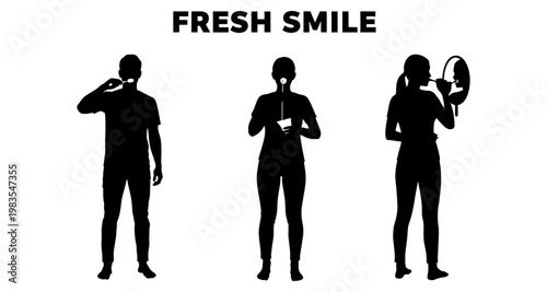Silhouettes of people brushing teeth and checking smile in mirror