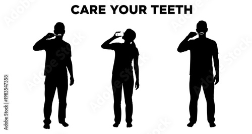 Silhouettes of people brushing and rinsing teeth in a clean white space