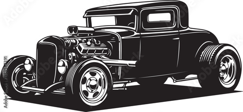Vintage Hot Rod Car, Black and White Vector Illustration, Classic Automobile, Retro Transportation Icon