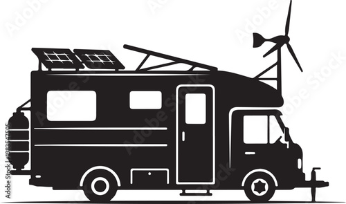 Black camper van, solar panel, wind turbine, RV, eco friendly vehicle