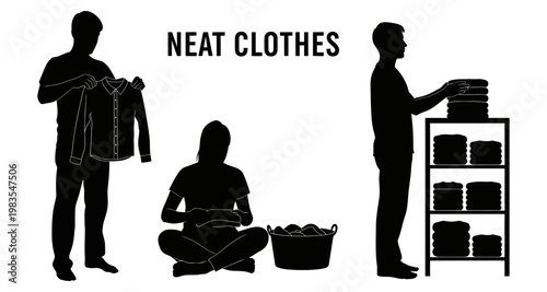 Silhouettes of people folding and organizing clothes for neatness