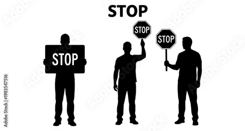 Silhouettes of people holding stop signs during protest or demonstration