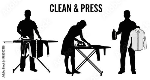 Silhouettes of people ironing clothes during domestic chores with clean and press text