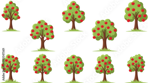 Apple trees vector collection with fruit orchard plants green foliage and red apples nature illustration set