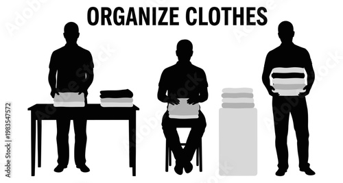 Silhouettes of people organizing folded clothes during tidying up routine