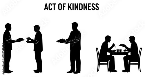 Silhouettes of people performing acts of kindness during meal sharing on white background