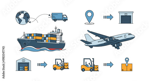 Logistics and transportation concept with various modes of shipping and delivery icons, Generative AI.