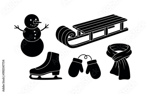 snowman round body figure, sled wooden toboggan, ice skate blade shoe, mitten pair winter, scarf knitted wrap bold black