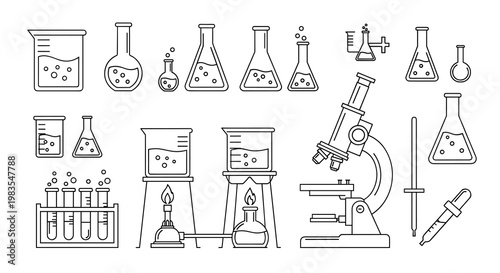 A set of laboratory equipment icons including beakers flasks test tubes a microscope and other scientific tools, Generative AI.