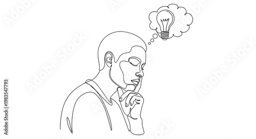 A line drawing of a man with a lightbulb thought bubble above his head symbolizing an idea or inspiration, Generative AI.