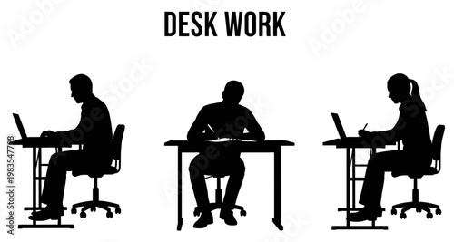 Silhouettes of people working at desks with laptops and writing