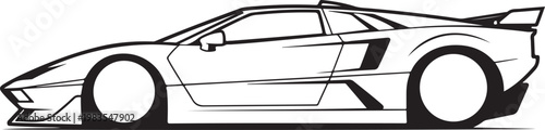 Vector sports car, racing car, black and white illustration, side view, sleek design