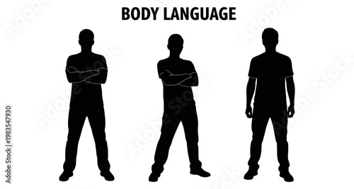 Three silhouetted men showing different body language poses against a white background