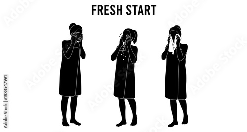 Three women in silhouette washing faces with clean water against white background