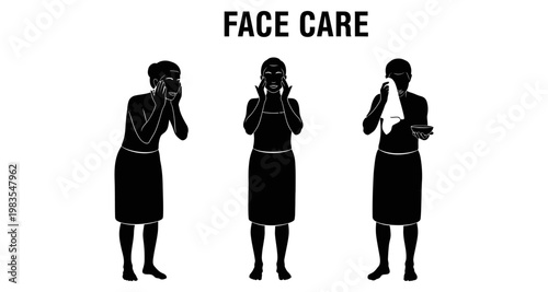 Woman performing facial cleansing routine with clean water and towel against white background