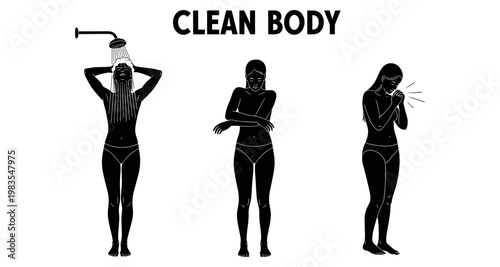 Woman showering washing body then sneezing with clear skin and hygiene concept