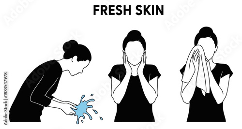 Woman washing face and drying with towel for fresh skin care routine