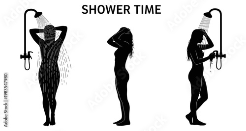 Woman showering with water in silhouette during hygiene routine