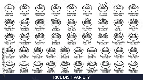 Collection of diverse grain bowl illustrations with various ingredients and preparations