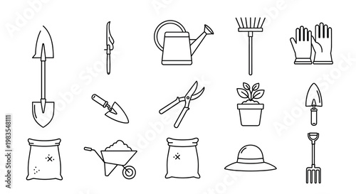 A set of various gardening tools and accessories, Generative AI.