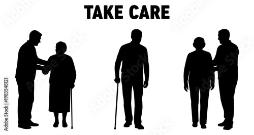 Caregivers assisting elderly people with canes and walkers during domestic support