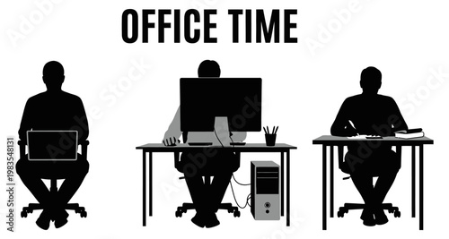 Businessmen silhouettes working at desks with computers and laptops in a minimalist office setting