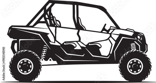 Side by side UTV, off-road vehicle, vector illustration, black and white